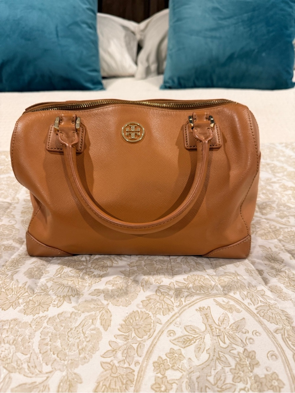 Tory Burch Caramel Leather Satchel with Gold Logo